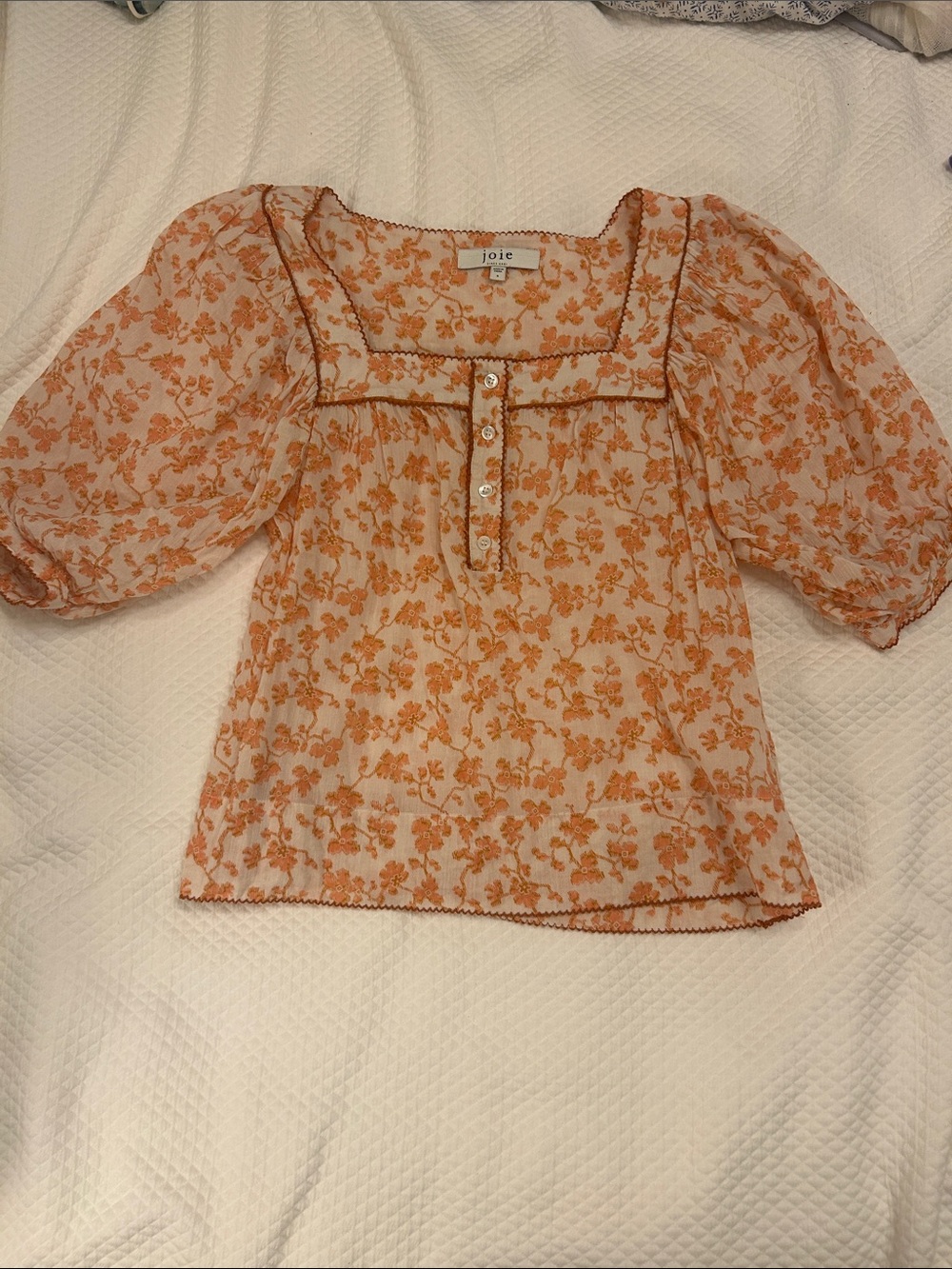 Joie Cream and Orange Floral Square-Neck Puff Sleeve Blouse